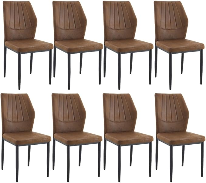 Brown Dining Chairs Set of 8,Rusic Farmhouse Upholstered Kitchen Chairs with Soft Cushion and Black Metal Legs,Mid Century Modern Dining Room Chairs,Easy to Assemble and Comfortable Seating
