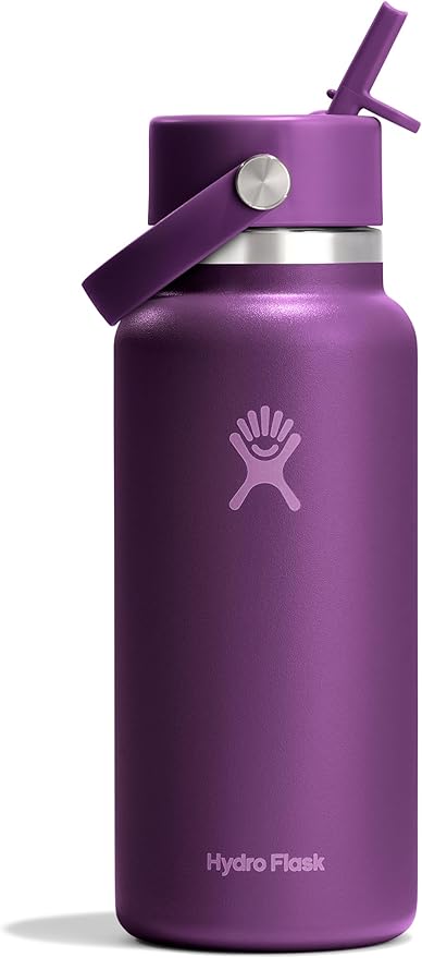 Hydro Flask Water Bottle - Insulated Stainless Steel - Wide Mouth Flex Straw Lid, Non Spill, Leakproof and Refillable in 32 Oz Beachplum Purple