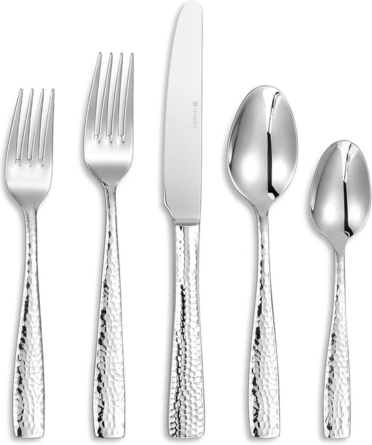 KEAWELL Premium 20/45/65 Piece Louis Hammered Silverware Set with Squared Edge, 18/10 Stainless Steel, Service for 4/8/12, Fine Flatware Set, Dishwasher Safe (20)