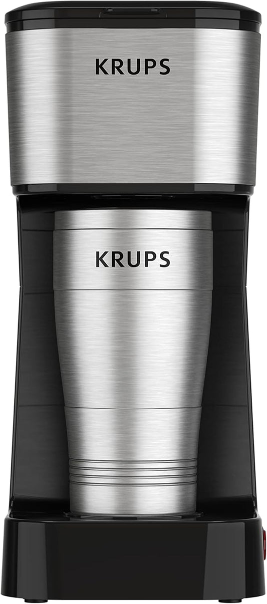 KRUPS: 2 Cup Coffee Maker, Simply Brew Stainless Steel Single Serve Drip Coffee Machine and Travel Tumbler 14 Ounce Stainless Steel Tumbler Included 650 Watts Coffee Filter, Compact Silver and Black