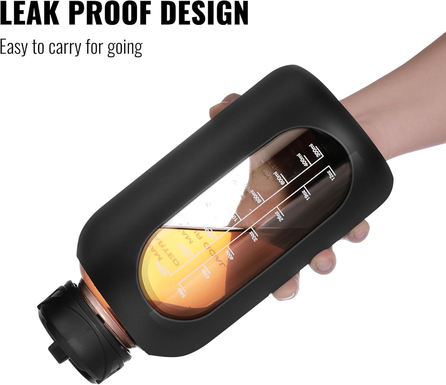 CIVAGO 64 oz Glass Water Bottle Jug with Straw and Handle, Half Gallon Sports Motivational Bottle with Time Marker and 2 Lids, Large Flask Canteen with Silicone Sleeve for Gym, Navy