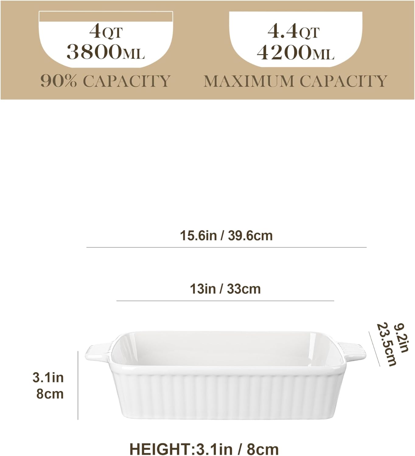 MALACASA 4.4 QT Baking Dish, 9x13 Large Casserole Dish for Oven, Ceramic Baking Pan, Rectangular Lasagna Pan Deep with Handles for Baking, Durable Microwave Oven Safe, Wedding Gift,White, Series BAKE-BAKE
