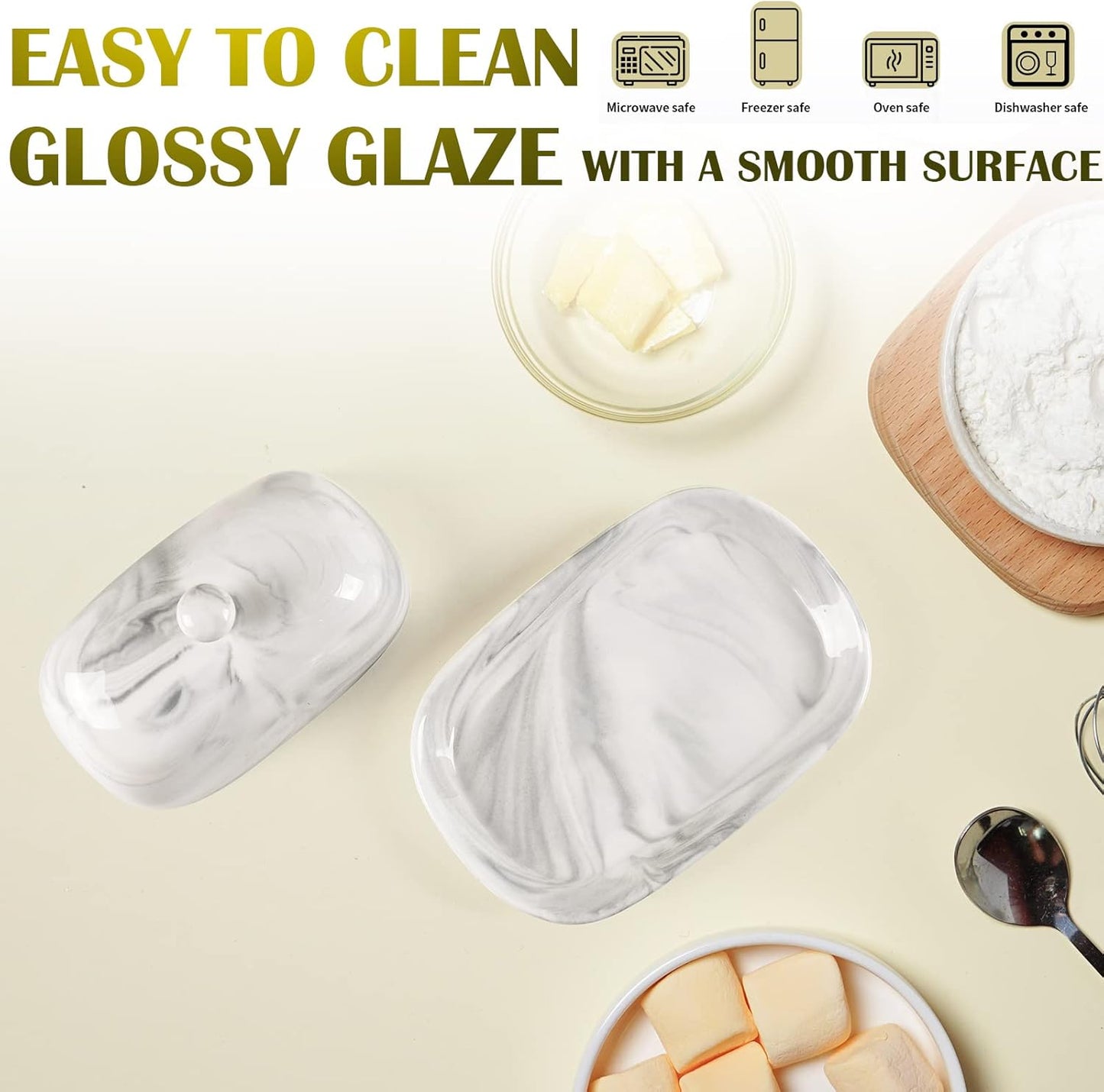 Yundu Grey Marble Butter Dish with Lid, Ceramics Butter Keeper Container, Perfect for East/West Butter