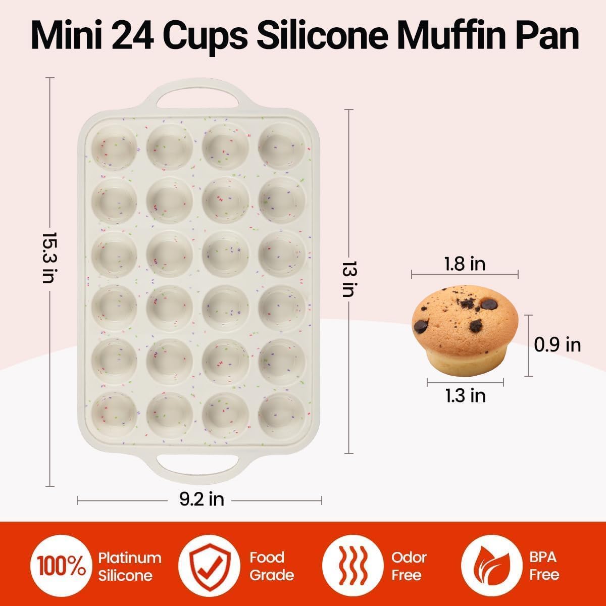 Mini Muffin Pan, Metal Reinforced Frame Mini Cupcake Pans 24 Cups Nonstick Muffin Silicone Molds with Handle for Baking Muffins, Cupcakes, Egg Bites 2 Pack