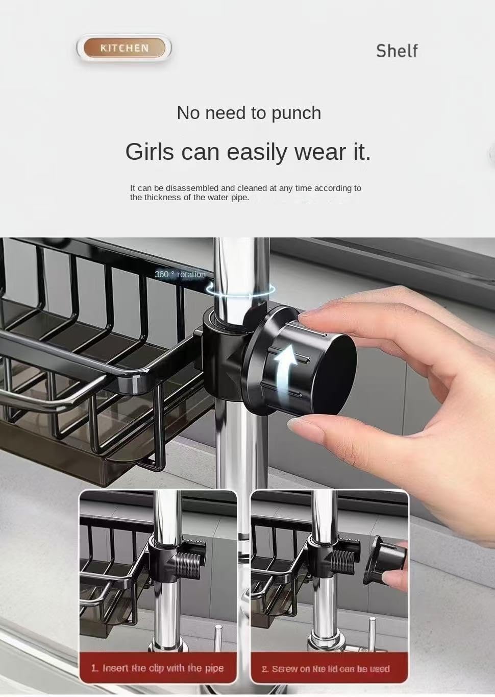 Kitchen Sink Faucet Organizer, Dish Sponge Holder Over Faucet Kitchen Sink Caddy Organizer with Hook for Bathroom, Scrubbers, Soap, Work with 0.7-1.1inch Round Water Pipe (Black,Left)