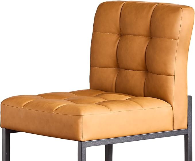 Brown Faux Leather Dining Chairs Set of 2, Mid-Century Modern Dining Room Chairs with Armless, Checkered Kitchen Chair with Metal Legs