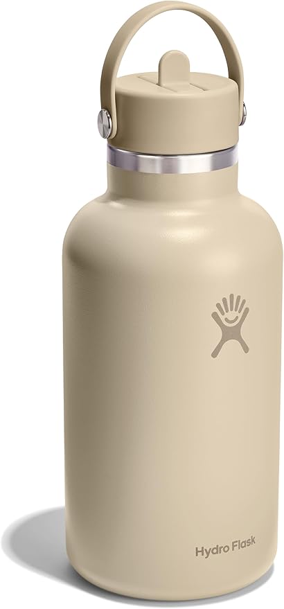 Hydro Flask Water Bottle - Insulated Stainless Steel - Wide Mouth Flex Straw Lid, Non Spill, Leakproof and Refillable in 64 Oz Tonal Oat