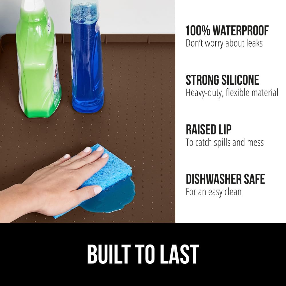 GORILLA GRIP Waterproof Silicone Under Sink Mat with Raised Lip for Kitchen and Bathroom, Cabinet Shelf Liner Stay in Place Mats Dishwasher Safe Drawer Liner, Organizer Tray, 19 x 22 in, Coffee