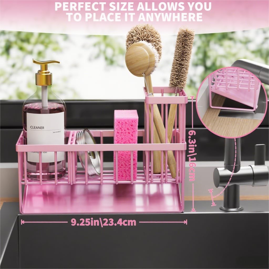 Cisily Pink Kitchen Sink Caddy Organzier with High Brush Holder, Sponge Holder for Sink, 304 Rustproof Stainless, Kitchen Countertop Soap Dispenser Organizer
