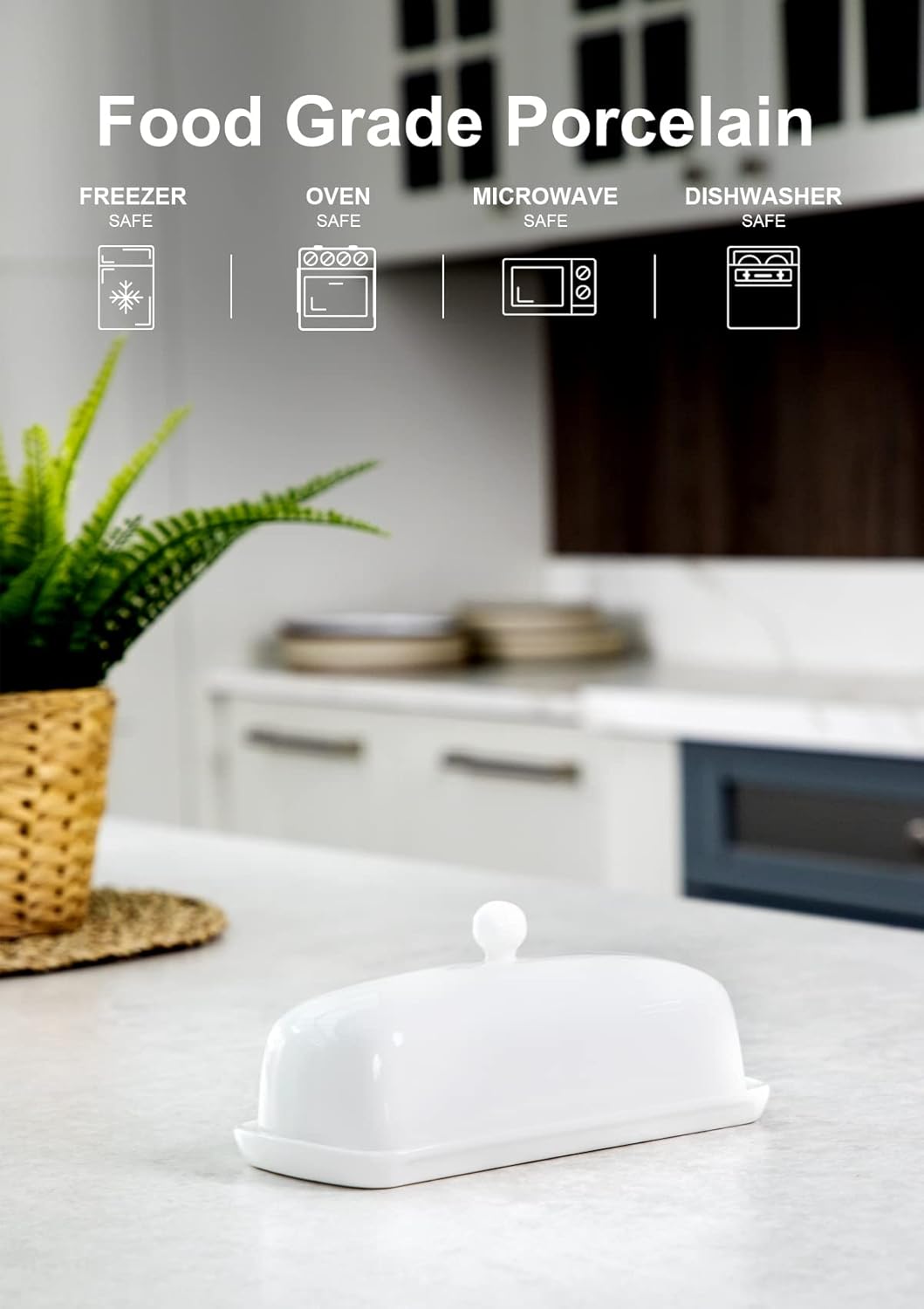 Nucookery Porcelain Butter Dish - Clean Table Design - Ceramic Butter Dishes with Lid for Countertop with Raised Non-Slip Strip - Holds 1 Standard Butter Stick - Easy to Clean & Dishwasher Safe. White
