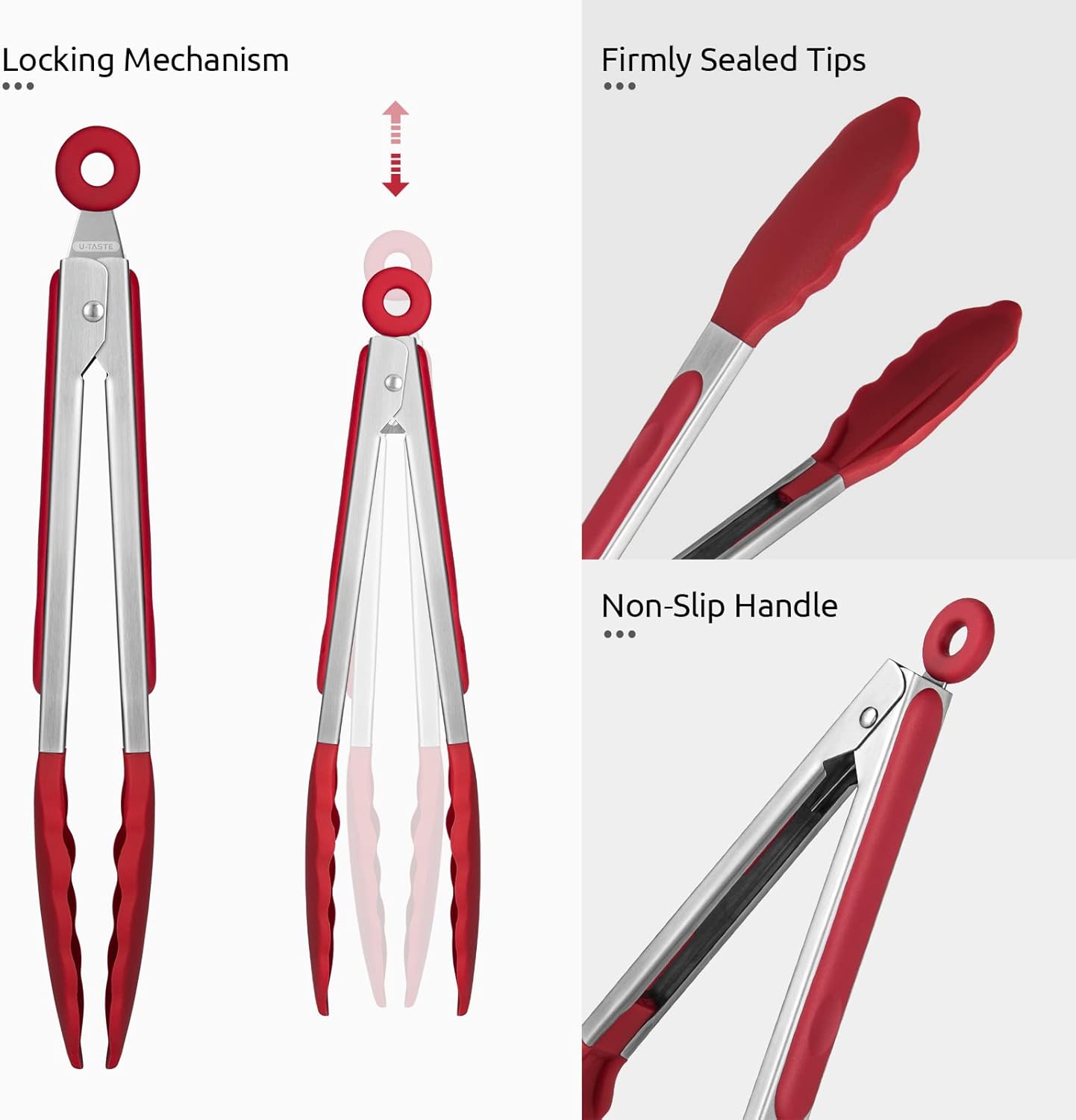 Heat Resistant Silicone Kitchen Tong: U-Taste 9 inch 480ºF Hot Proof Cooking Tong with Firm Sealed Non Stick Rubber Tips & Silicon Coated Steel Handle & Smooth Locking for Serving Grill Salad (Red)