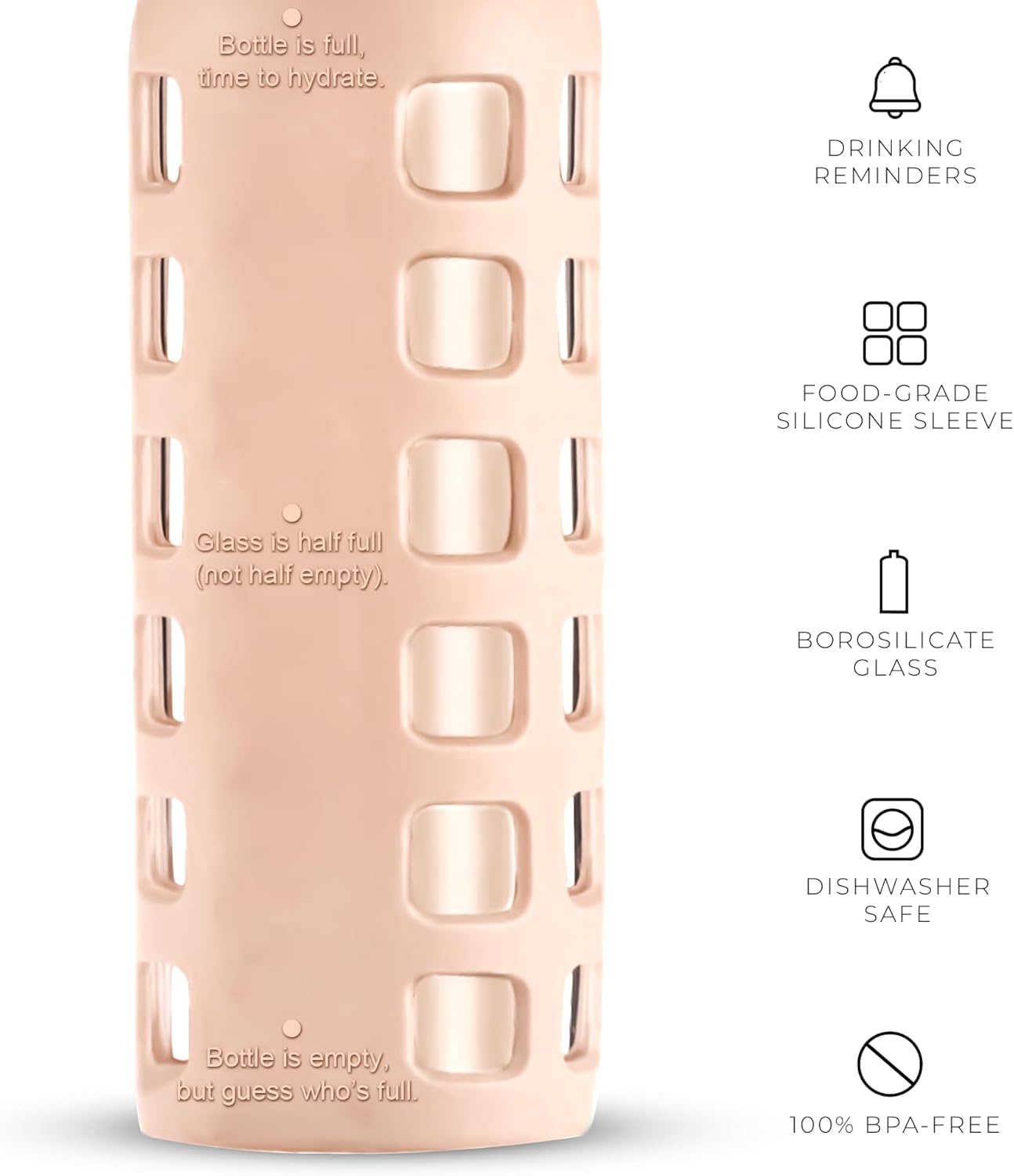 purifyou 40oz / 32oz / 22oz / 12oz Borosilicate Glass Water Bottle with Time & Volume Markers, Silicone Sleeve, Stainless Steel Lid – Reusable Glass Bottle for Water & Juice (12oz Hazelnut)