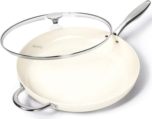 MICHELANGELO Large Frying Pan with Lid, 14 Inch Ceramic Skillet with Nonstick Coating, Healthy Non Stick Fry Pan, Induction Compatible, White