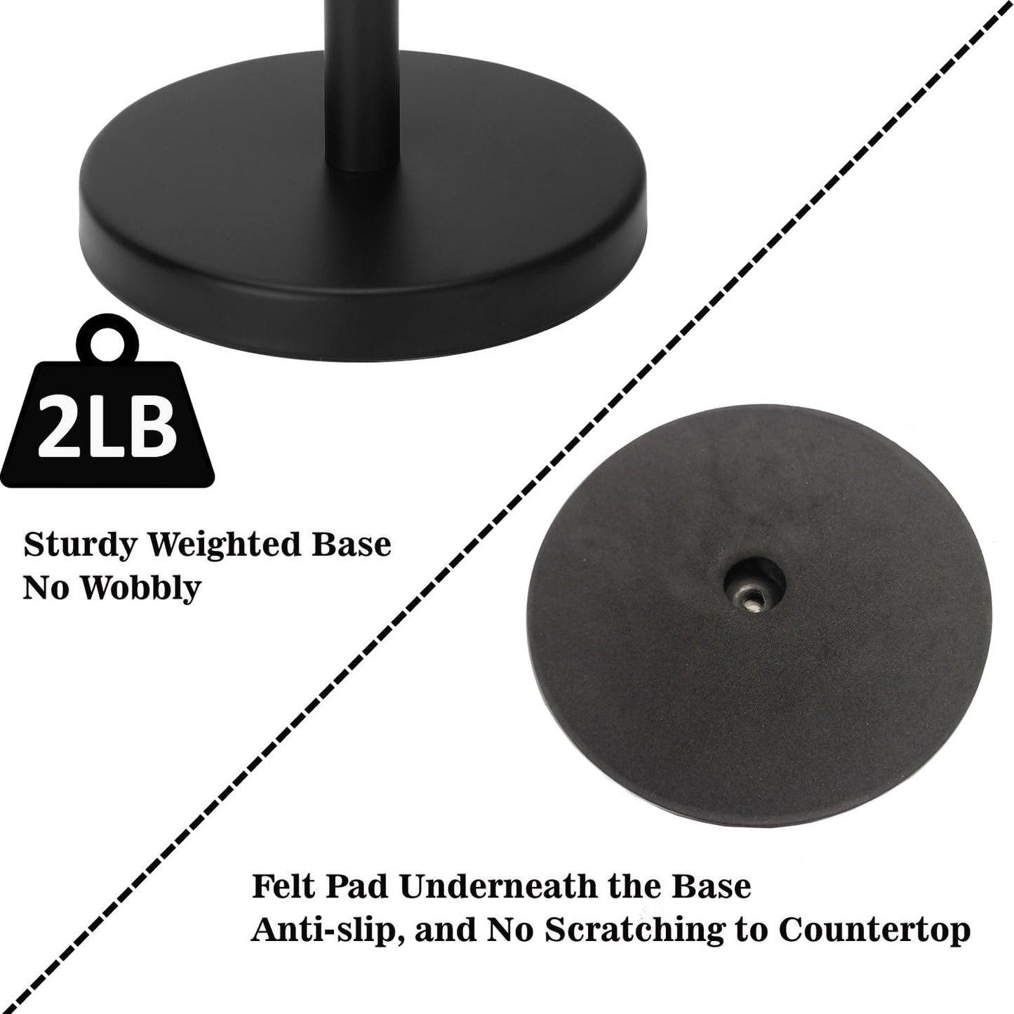 Black Paper Towel Holder Countertop, Standing Paper Towel Roll Holder for Kitchen Bathroom, with Weighted Base for One-Handed Operation, Stainless Steel in Black Matte Finish