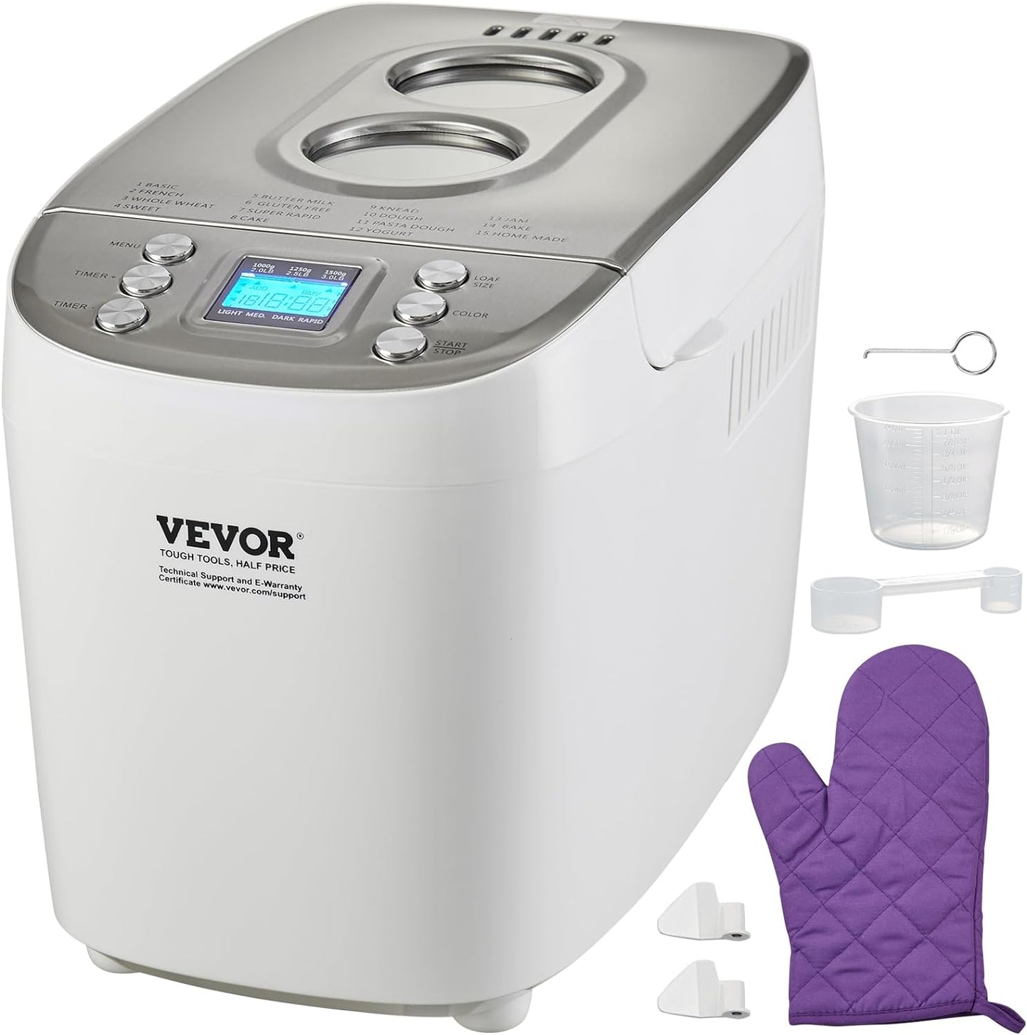 VEVOR Bread Maker, Dough Machine 15 Menus in 1, Non-Stick Ceramic Pan Automatic Breadmaker with Non-Gluten Setting, Whole Wheat Bread Making, Digital, Programmable, 3 Loaf Sizes, 3 Crust Colors, White
