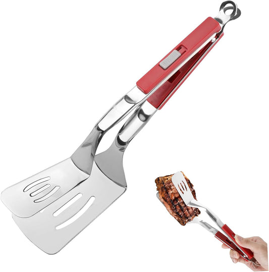 Anti-Scald Extended Handle Spatula Tongs 11.6 Inch Multifunctional Stainless Steel Cooking Tongs Food Shovel Clamp for Flipping Steak Fish Bread Hamburger BBQ Frying Pancake Pies Pizza