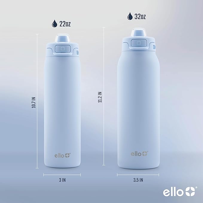 Ello Pop & Fill Stainless Steel Water Bottle with Quick Fill Technology, Double Walled Vacuum Insulated Metal, Leak Proof Locking Lid, Sip & Chug, BPA Free, Holiday Gift for Him Her, 22oz, 32oz, 40oz