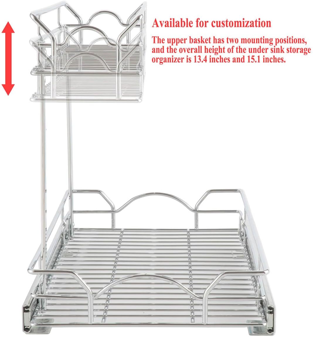 OCG Under Sink Cabinet Organizer Two Tier Pull Out Shelf (14.75W x 17D), Under Sink Sliding Shelf for Kitchen Bathroom Cabinet 2 Tier Chrome