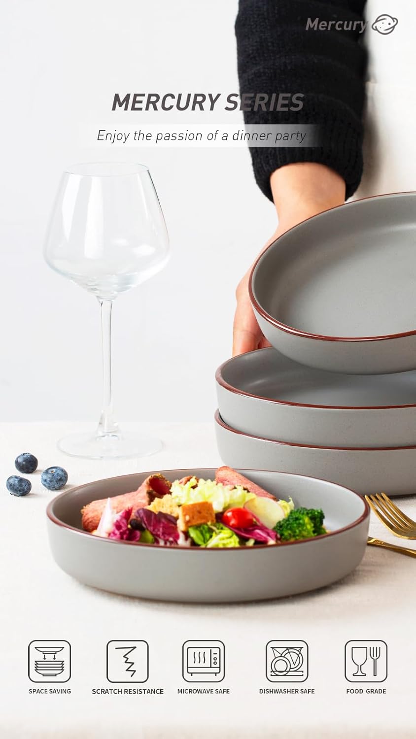 famiware Mercury Pasta Bowls Set of 4, 33 oz Large Salad Bowls, Ceramic Pasta Plates Bowls, Serving Bowls for Kitchen, Microwave & Dishwasher Safe, Dark Gray