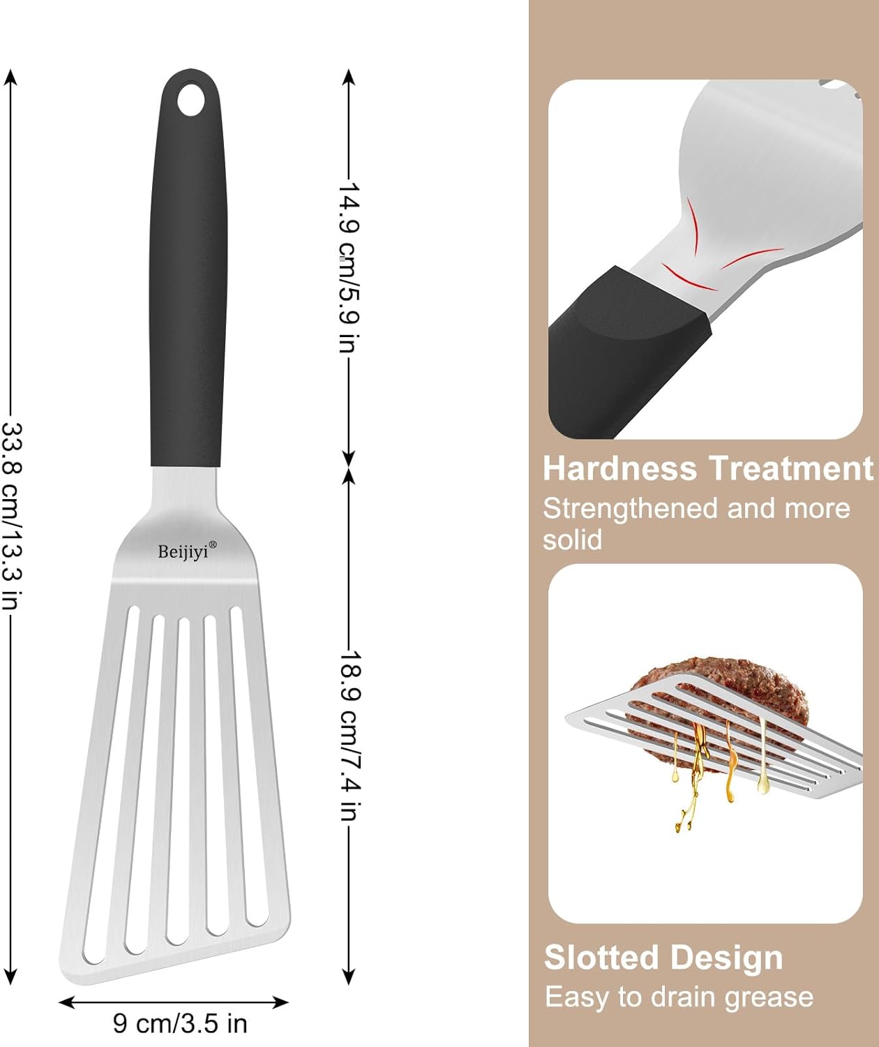 Beijiyi 13.3" Fish Spatula Stainless Steel, Fish Turner with Silicone Handle and Beveled Edge, Thickened Metal Kitchen Slotted Spatula for Cast Iron Skillet Cooking, Flipping and Grilling