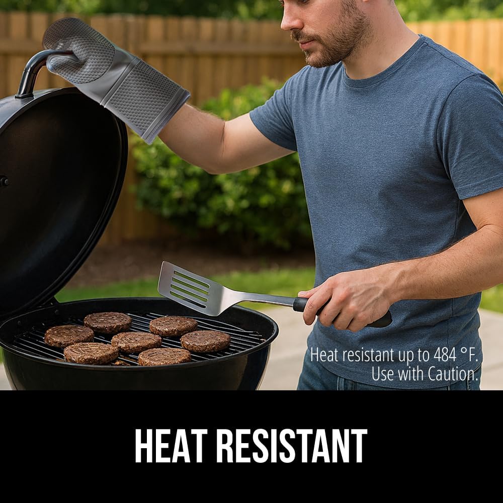 GORILLA GRIP BPA-Free Soft Silicone Oven Mitts, 14.5x8.3, Heat Resistant and Waterproof Cooking Gloves, Thick Cotton Lining, Flexible Gripping for Baking Grilling, Kitchen Potholders Set of 2, Gray