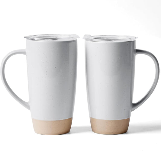 famiware Milkyway Coffee Mugs, 20oz Large Coffee Mug, Ceramic Mug Set of 2 with Lid, Cup Set with Handle for Latte, Tea, Cocoa, Milk, Home & Office, Light Gray