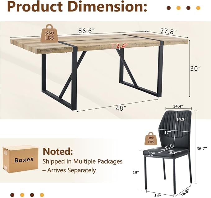 86.6" Dining Table Set for 8, Modern 9 Piece Wood Kitchen Table and Chairs Set, Rectangle Dining Room Table with 8 PU Leather Upholstered Chairs, Ideal for Home, Kitchen, or Apartment Dining