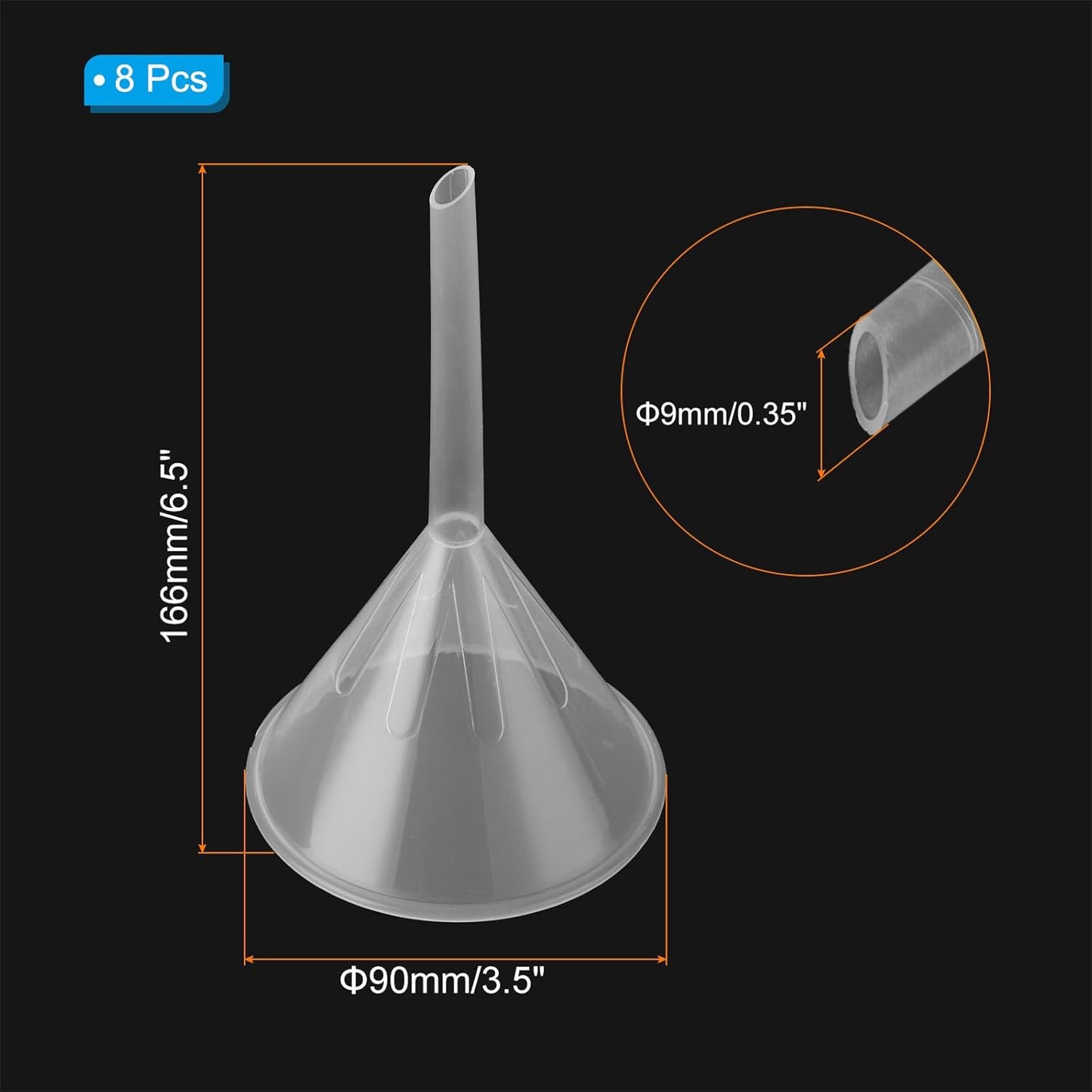 PATIKIL 3.5 Inch Clear Plastic Funnel, 8 Pcs Wide Mouth Multipurpose Transfer Funnel with Long Spout for Filling Water Bottle Liquid Lab Spices Powder Oil