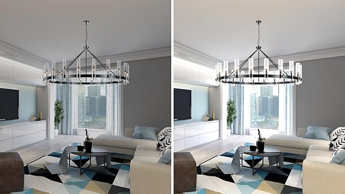 20-Lights Black Wagon Wheel Chandelier Modern Farmhouse with Glass Shade, 60 Inch Large Round Industrial High Ceilings Pendant Lighting Fixture for Dining Living Room, Kitchen Island, Foyer