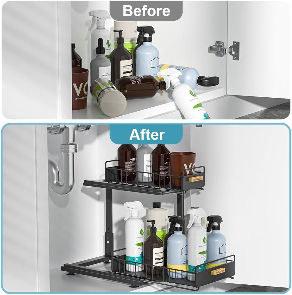 Under Sink Organizer, Pull Out Kitchen Cabinet Organizer, 2-Tier Metal Under Sink Organizers and Storage Height-Adjustable, Kitchen Bathroom Organizers and Storage Shelves, Black