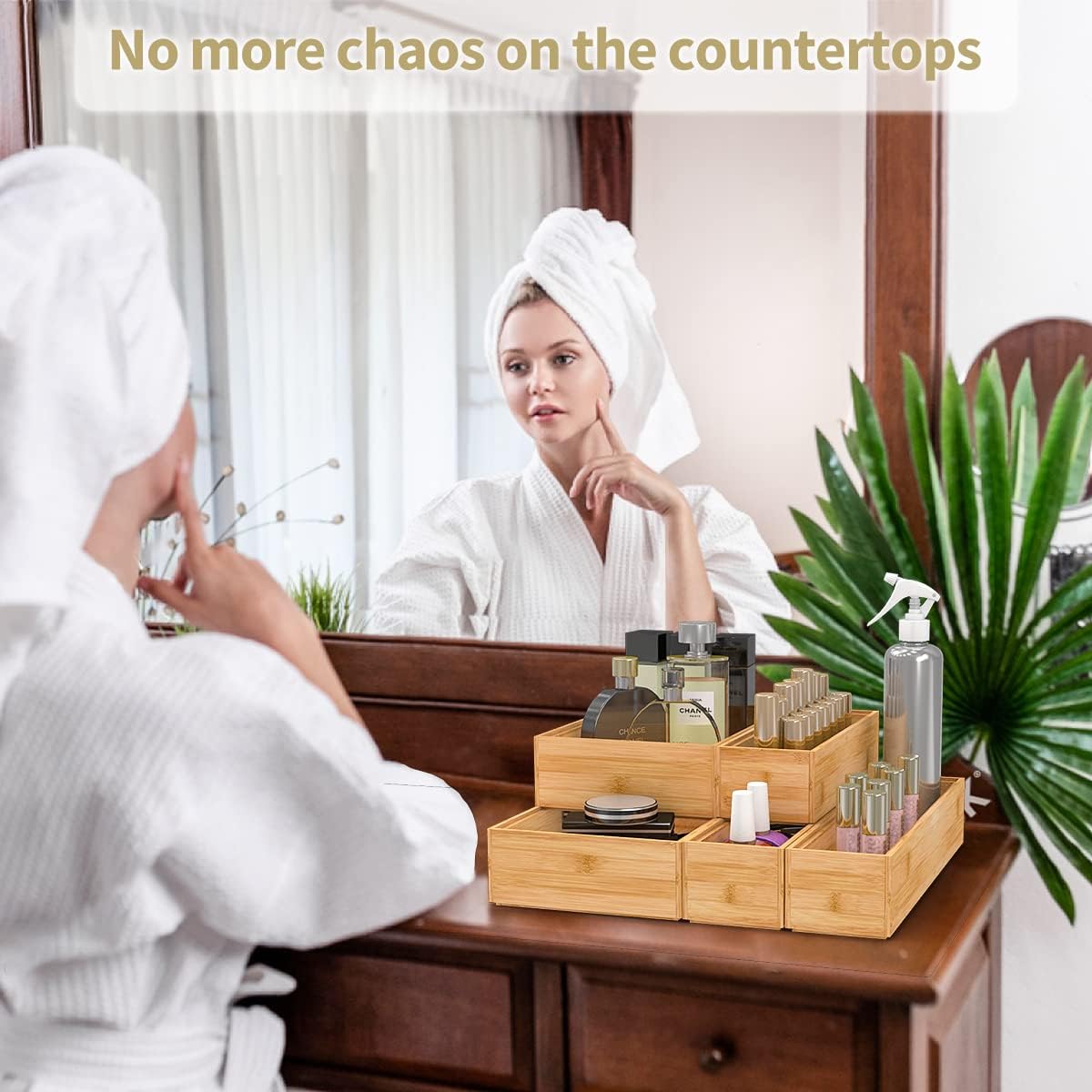 Bamboo Kitchen Drawer Organizer, Stackable Silverware Tray Utensil Organizer Cutlery Holder for Kitchen,Wooden Storage Box for Bathroom, Multi-Use Storage Bins Dividers for Office(12x3x2.5 inch）