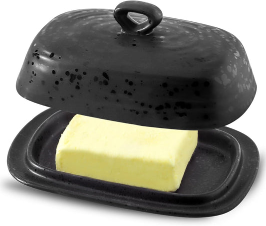 Hasense Porcelain Butter Dish, Large Butter Dish with Lid, Butter Holder with Cover, Butter Containe for West East Coast Butter, Modern Kitchen Decor, Wedding, Housewarming Gift, Black