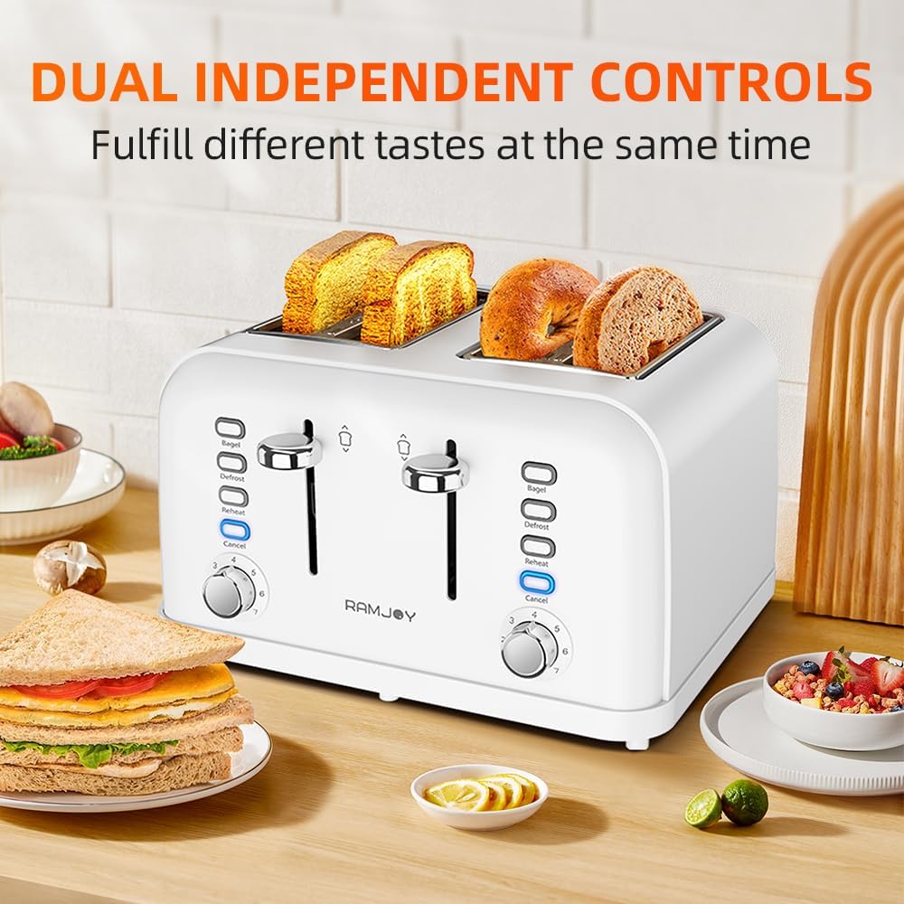 White Toaster 4 Slice, Dual Independent Controls, Extra Wide Slot Toasters for Bagel, Bread, Waffles, 7 Shade Settings, 4 Main Functions, Removable Crumb Tray, 1500 Watts, White Stainless Steel