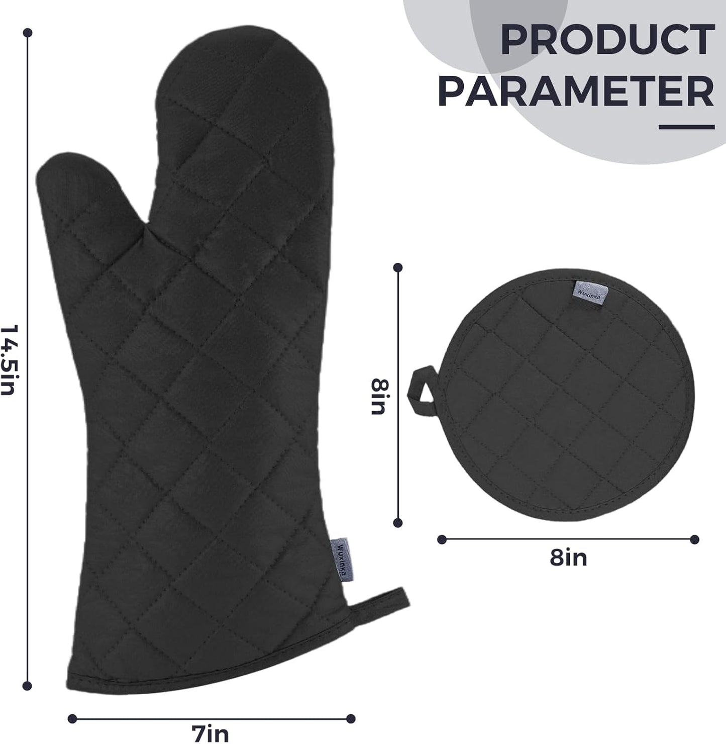 Set of 4 Oven Mitts and Pot Holder Heavy and Tall Kitchen Cotton Gloves Lined Towelcloth, Gloves Length 40cm, Pot Holder Width 20cm Diameter Round… (Black)