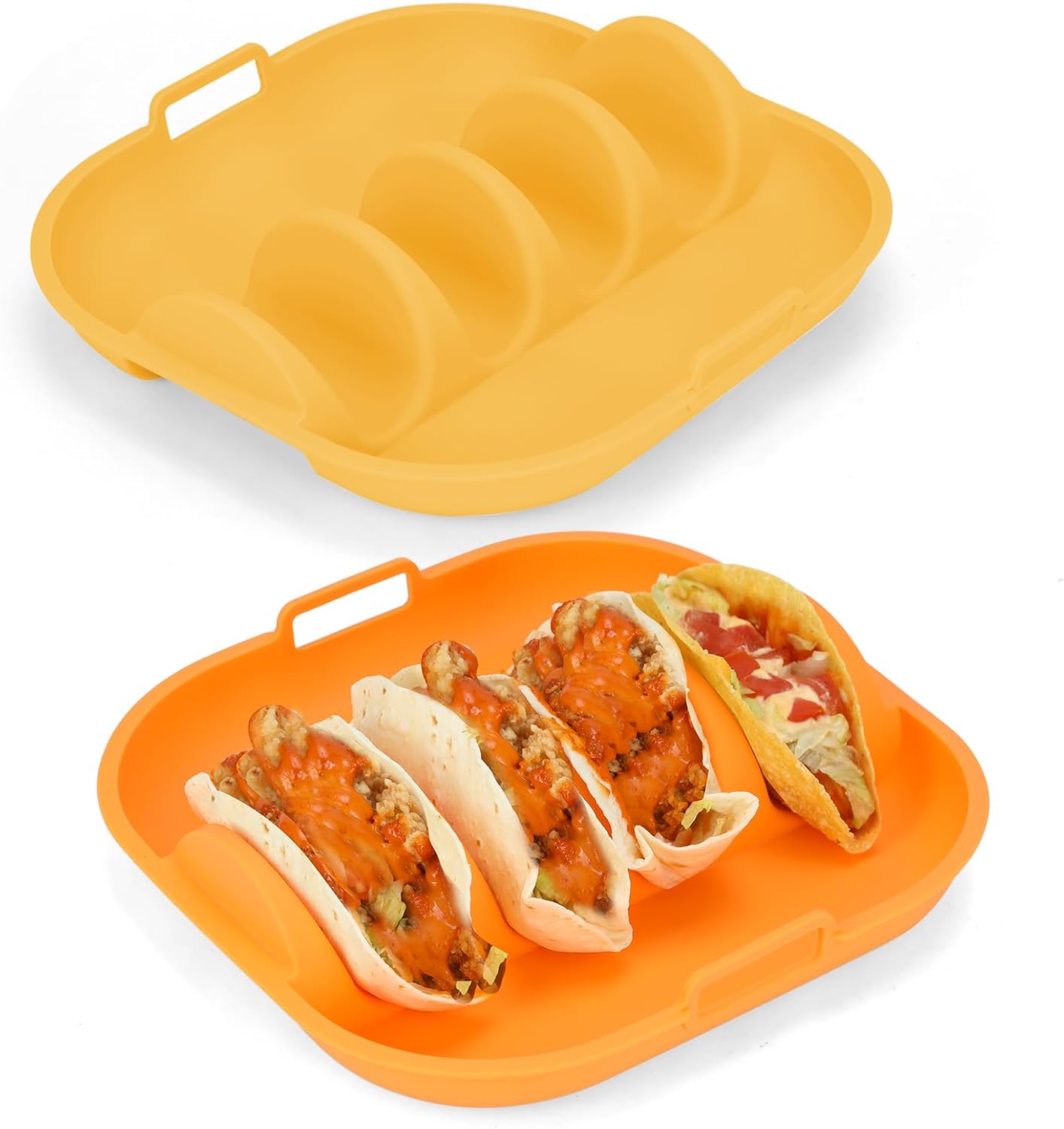 Silicone Taco Holder 2 Pack,10.2in Upgrade Reusable Taco Plates with Dividers,Fiesta Tacos Holder Tray.Taco Serving Plates, Dishwasher & Microwave Safe(2, ORANGE+YELLOW)