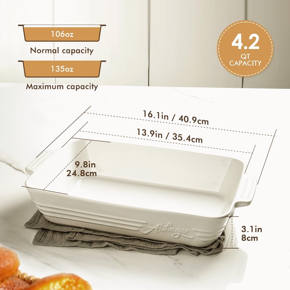 Casserole Dishes for Oven,9x13 Ceramic Baking Dish,4.2 Quarts Large Lasagna Pan with Handles Deep and Large Capacity,Durable Bakeware for Lasagna, Home Decor, Wedding Gift, White