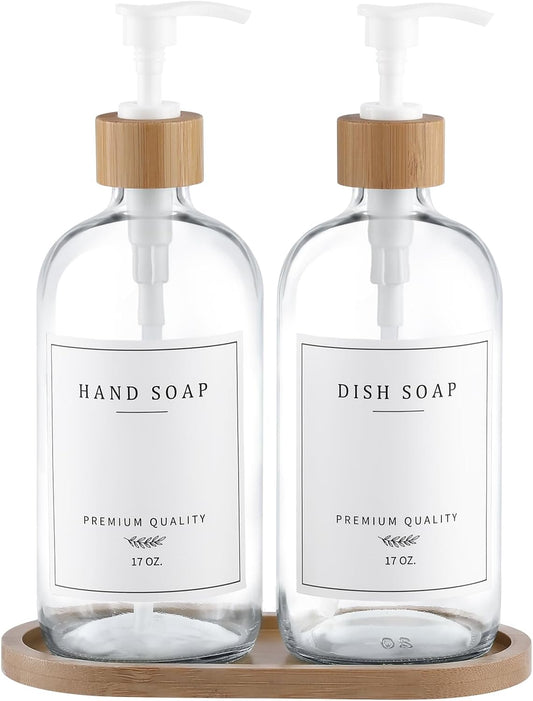 Clear Glass Soap Dispenser - Dish Hand Soap Dispenser Set for Kitchen, Refillable Soap Lotion Dispenser Bathroom with Sturdy Pump and Tray, 14 Waterproof Labels -Clear