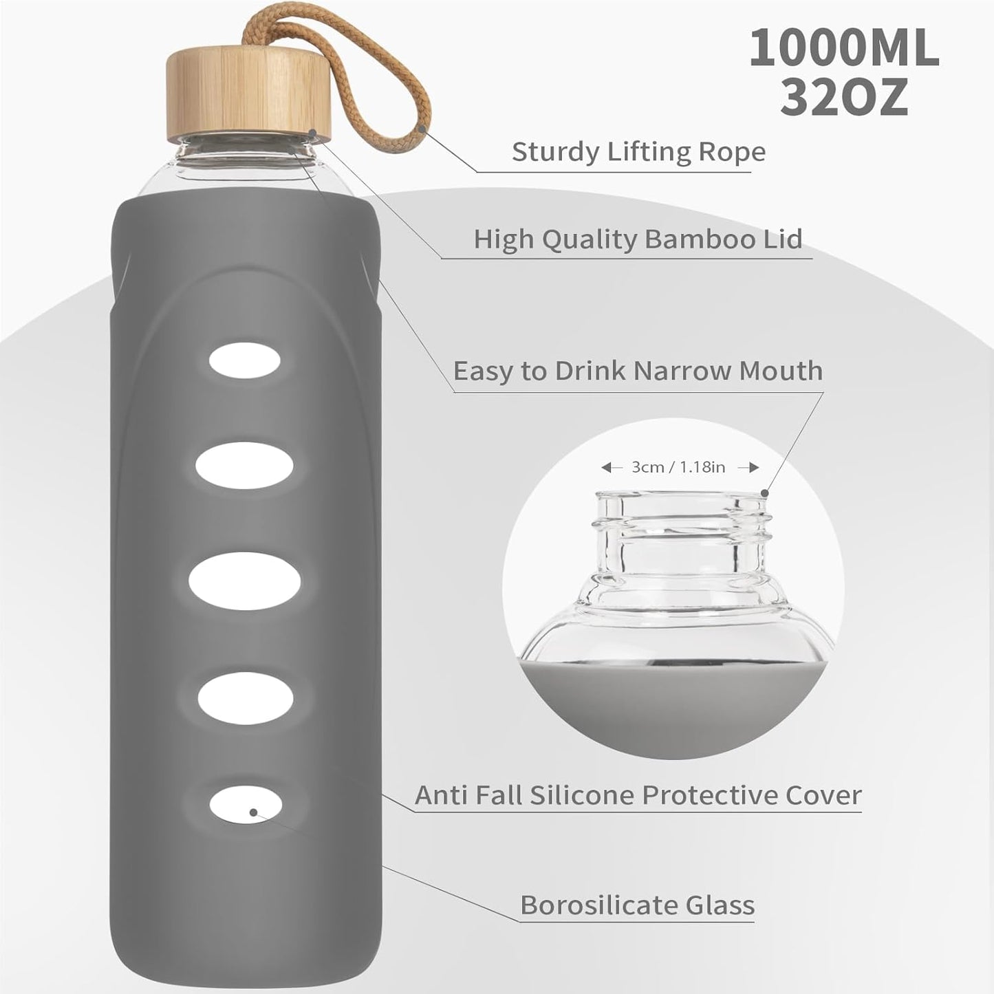Sport 32oz Glass Water Bottle 1000ml /1 liter Borosilicate Glass Water Bottle Reusable Waterbottle Jugwith Silicone Sleeve and Unique Lid (Grey