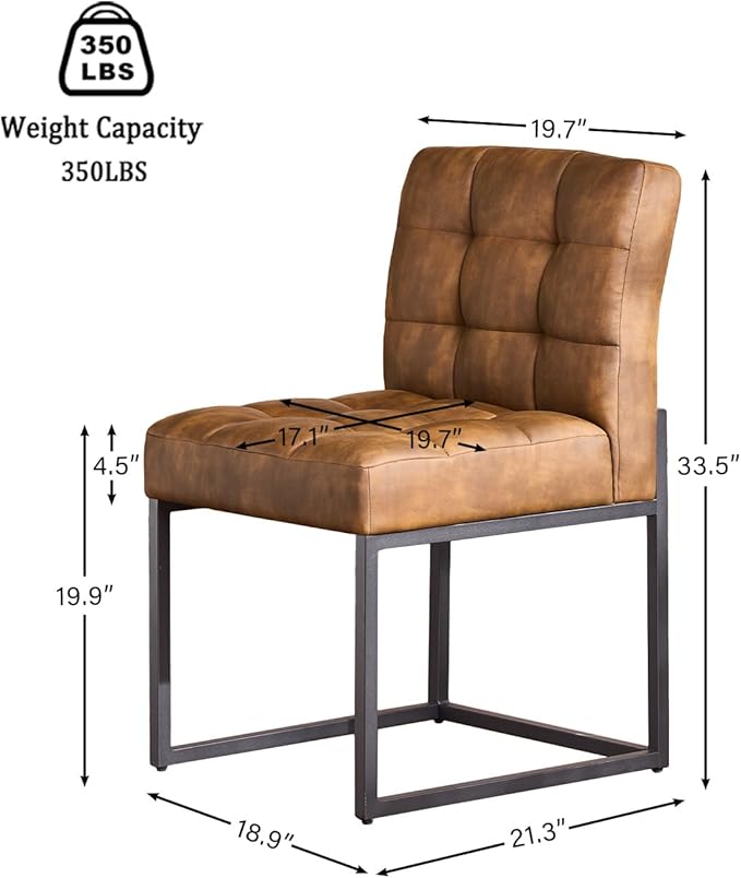 Coffee Faux Leather Dining Chairs Set of 2, Mid-Century Modern Dining Room Chairs with Armless, Checkered Kitchen Chair with Metal Legs