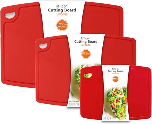 Silicone Thick Cutting Boards Mats Set of 3pcs Foldable & Flexible Design Juice Grooves Easy Grip Handle Dishwasher Safe for Kitchen,BPA free Silicone Cutting Boards/Mats-Red