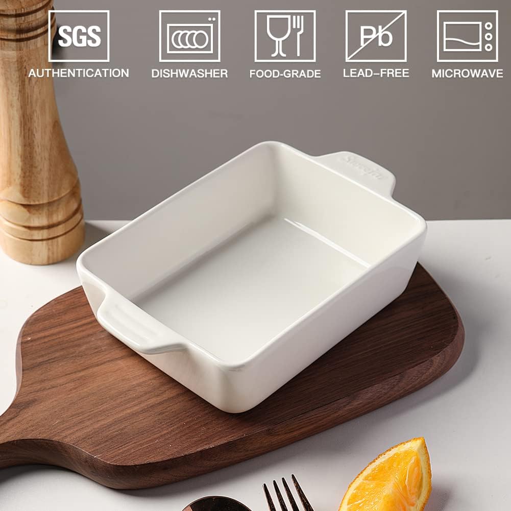 Sweejar Ceramic Baking Dish, Rectangular Small Baking Pan with Double Handles, 20 Oz for Cooking, Brownie, Kitchen, 6.5 x 4.9 x 1.8 Inches(White)