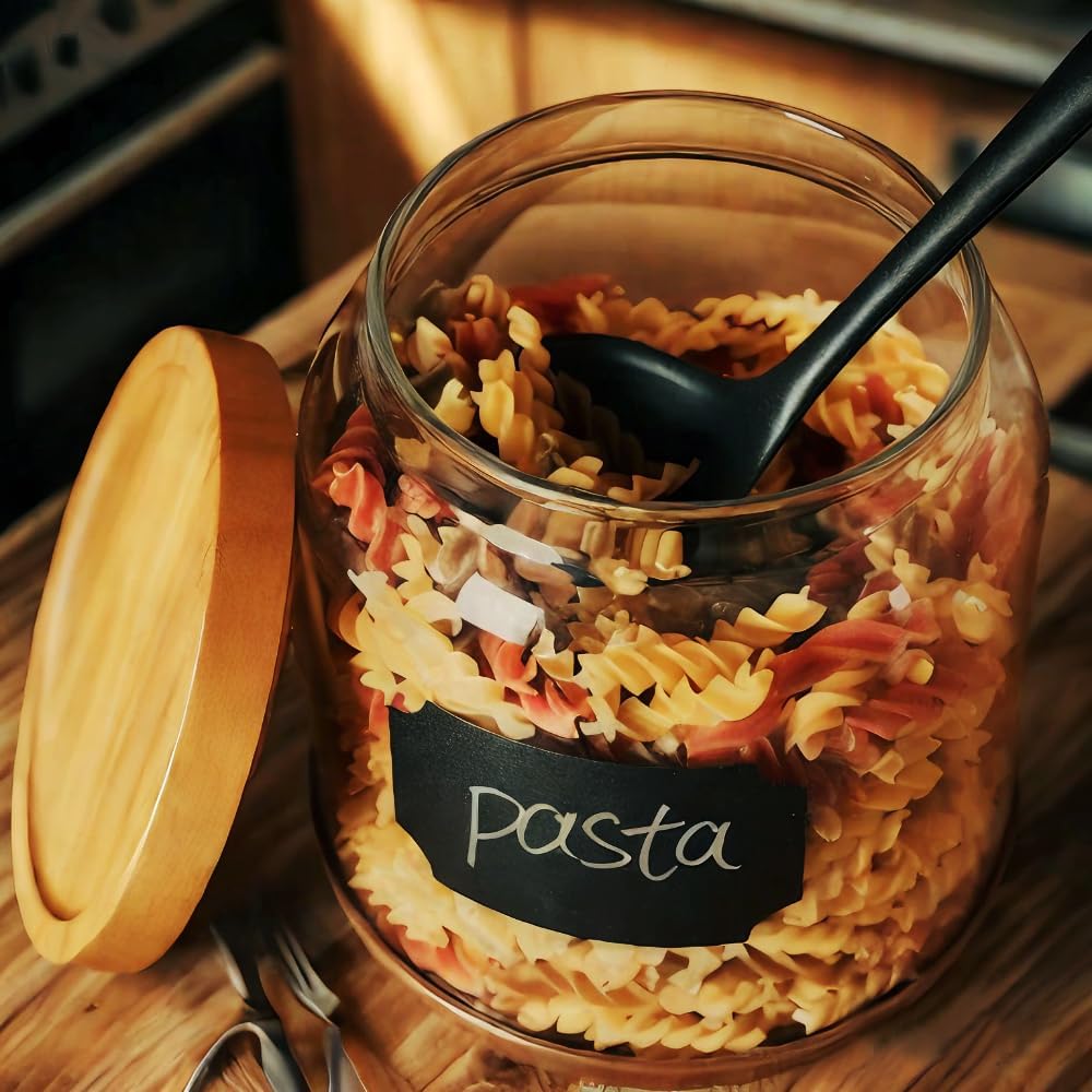 SAIOOL 2PCS Large Glass Storage Jars with Wooden Lids,Airtight Food Storage Containers, 3mm Thick Glass Kitchen Pantry Organization, Laundry Detergent Pods, with Scoop & Labels (67 FL OZ/2000 ml)