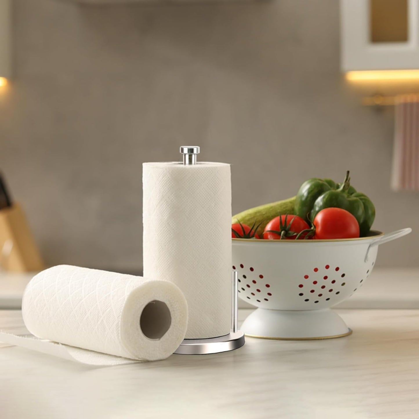 Paper Towel Holder with Side Rod, Stainless Steel, Easy Tear Dispenser for Home Kitchen Countertop Tabletop (Silver)