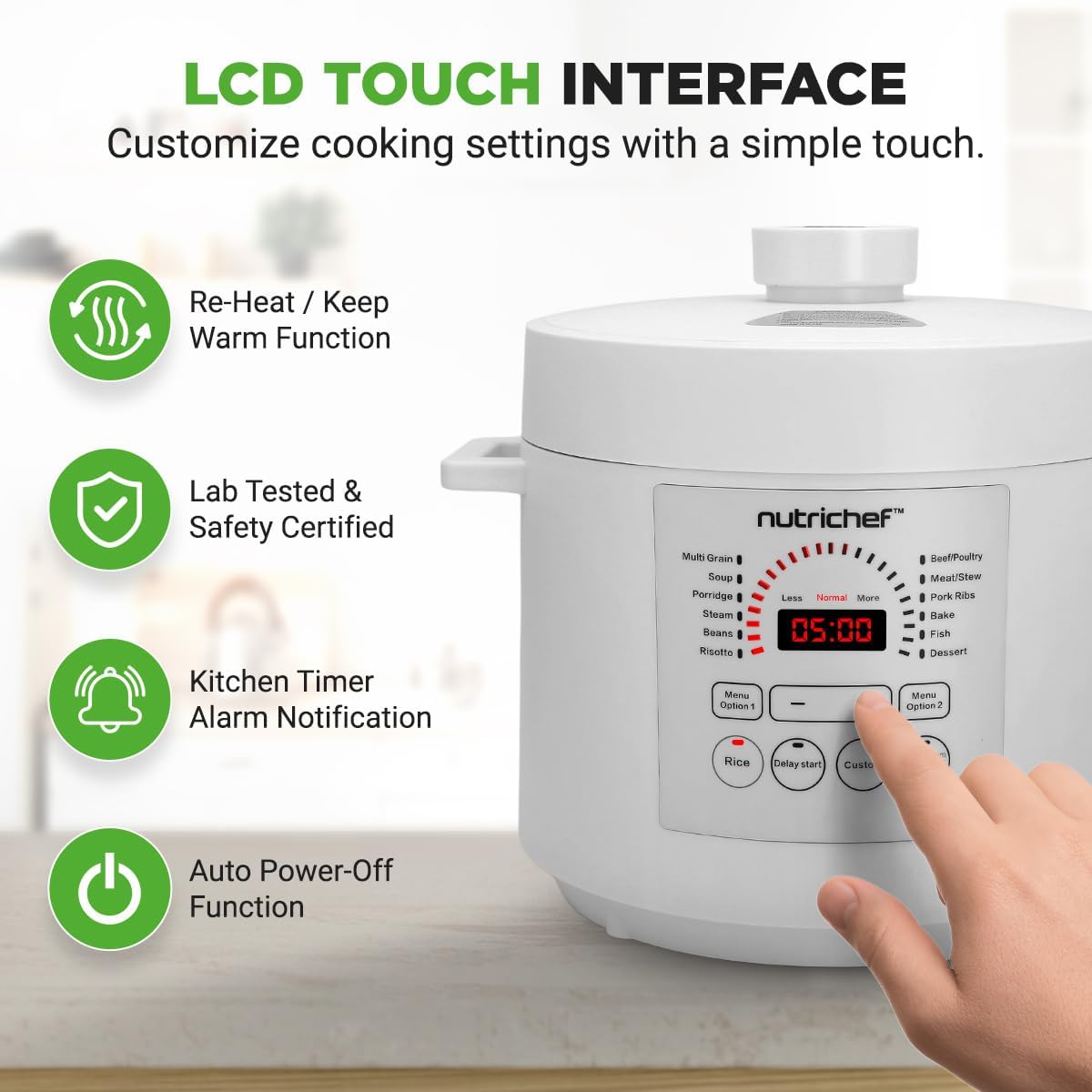 NutriChef Electric Pressure Cooker 6 Quart Capacity | 9 Function Digital Countertop Pressure Cooker | Adjustable Time & Temperature | Cook, Bake, Steam, & Braise | 13.1 x 11.4 IN | White