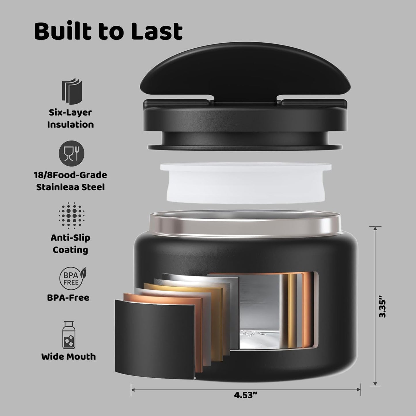 14.5oz Soup Thermo for Hot Food Kids Vacuum Insulated Food Jar Twist-Free Soup Thermo for Hot Food Kids Leakproof Stainless Steel Wide Mouth Lunch Container (Black)