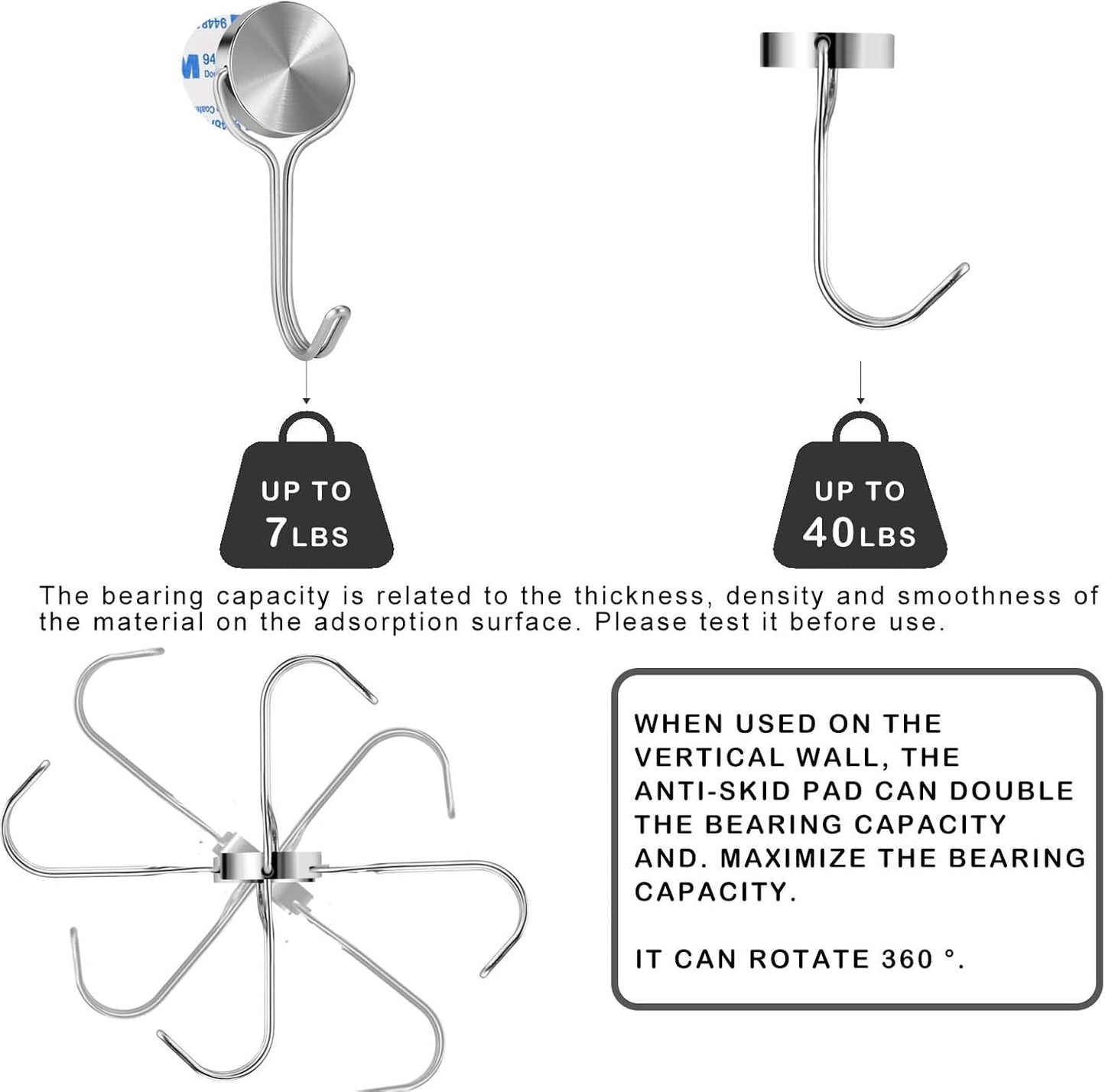 Magnetic Hooks, Heavy Duty 304 Stainless Steel Magnet Hooks for Cruise Refrigerator Grill,Strong Magnet with Hooks for Home Kitchen, Garage Toolbox,4pack （Silver,1.3in-1 40Lbs）