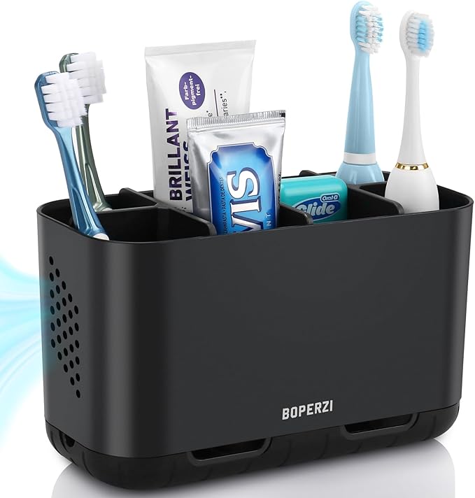 Boperzi Toothbrush Holders for Bathrooms Organizers and Storage, Large Tooth Brush Holders with Drainage, Anti-Slip Electric Toothbrush and Toothpaste Holders Caddy for Shower Kids Family, Black