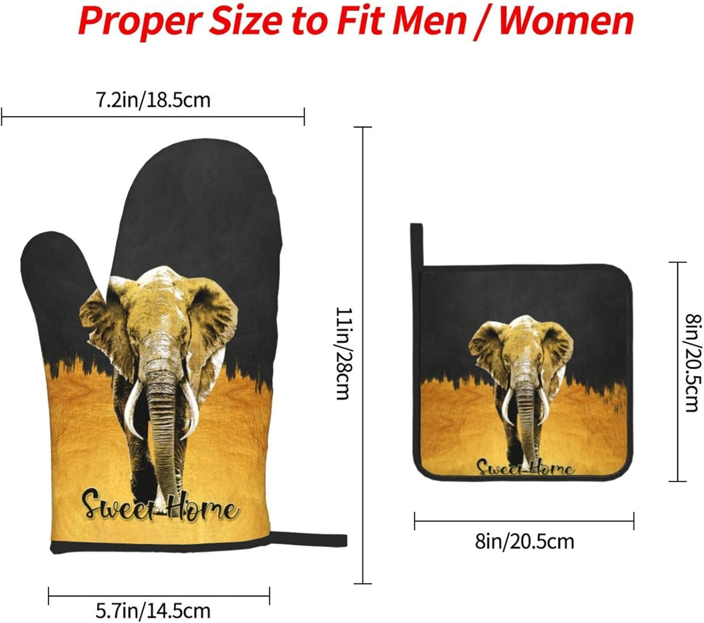 Elephant Oven Mitts and Pot Holders Sets of 3 Black Gold Hot Pads Oven Gloves Heat Resistant Non Slip Washable for Kitchen Cooking Grilling Baking