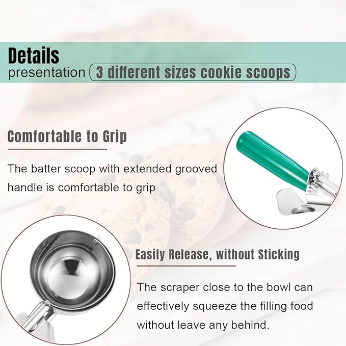Cookie Scoop Set, Ice Cream Scoop Set, Cookie Scoops for Baking, Multiple Size Large-Medium-Small Size Disher, Professional 18/8 Stainless Steel Cupcake Scoop
