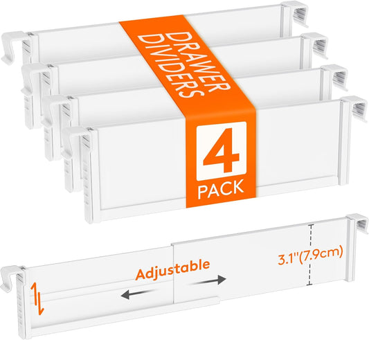 Lifewit Hanging Kitchen Drawer Dividers 3.1" High, 10-17" Adjustable Drawer Organizers for Utensils, Expandable Dresser Separators in Kitchen/Bedroom/Bathroom/Vanity/Office, White(4 Pack)